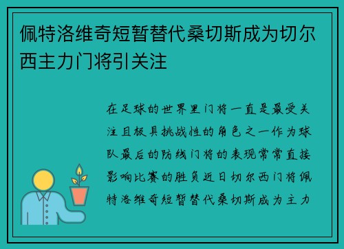 佩特洛维奇短暂替代桑切斯成为切尔西主力门将引关注 佩特洛维奇短暂替代桑切斯成为切尔西主力门将引关注