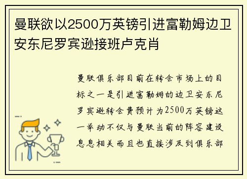 曼联欲以2500万英镑引进富勒姆边卫安东尼罗宾逊接班卢克肖 曼联欲以2500万英镑引进富勒姆边卫安东尼罗宾逊接班卢克肖